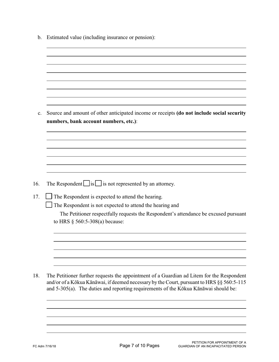 Form 1F-P-2019 Petition for Appointment of a Guardian of an Incapacitated Person; Notice of Hearing - Hawaii, Page 7