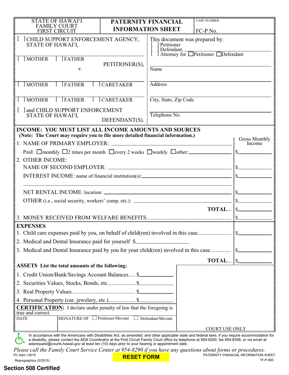 Form 1F-P-993 Paternity Financial Information Sheet - Hawaii, Page 1