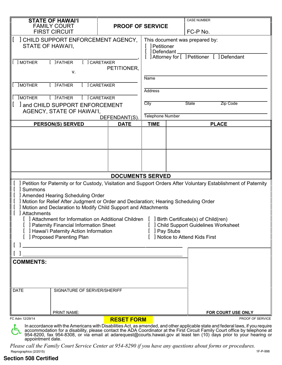 Form 1F-P-998 Proof of Service - Hawaii, Page 1