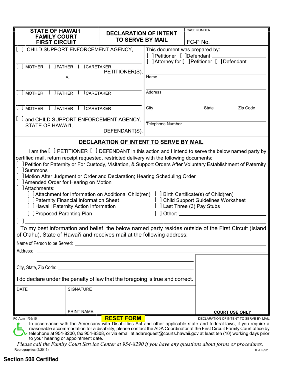 Form 1F-P-992 Declaration of Intent to Serve by Mail - Hawaii, Page 1