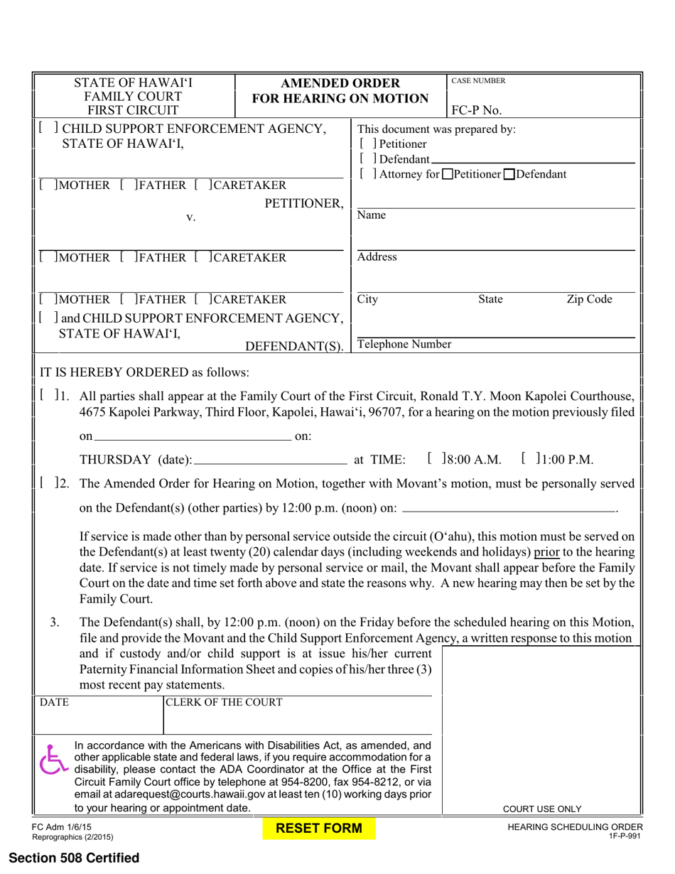 Form 1F-P-991 Amended Order for Hearing on Motion - Hawaii, Page 1