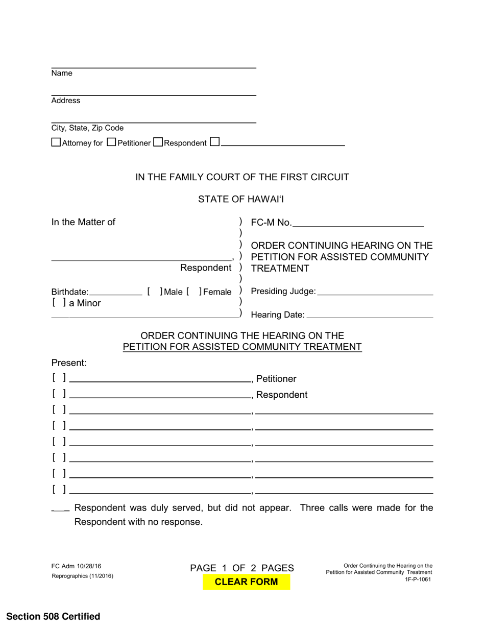 Form 1F-P-1061 Order Continuing Hearing on Petition - Hawaii, Page 1