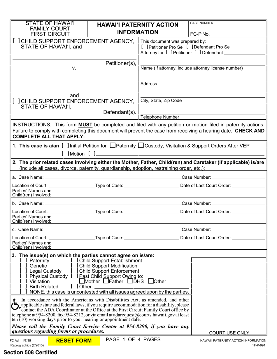 Form 1F-P-994 Hawaii Paternity Action Information - Hawaii, Page 1