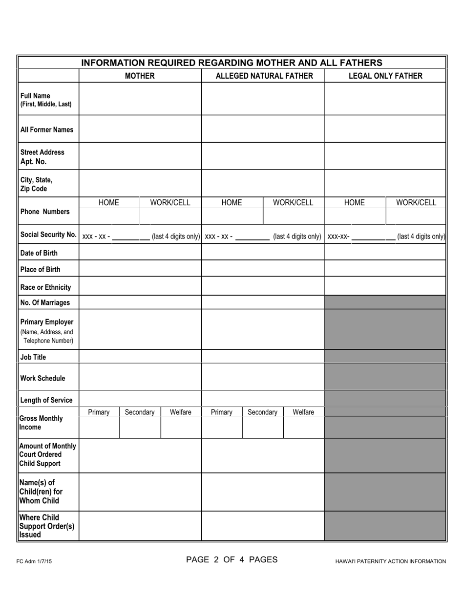 Form 1F-P-994 Hawaii Paternity Action Information - Hawaii, Page 2