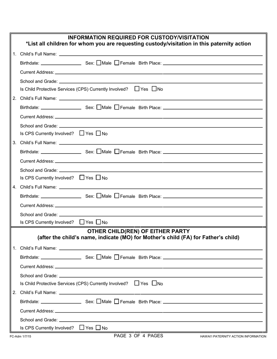 Form 1F-P-994 Hawaii Paternity Action Information - Hawaii, Page 3