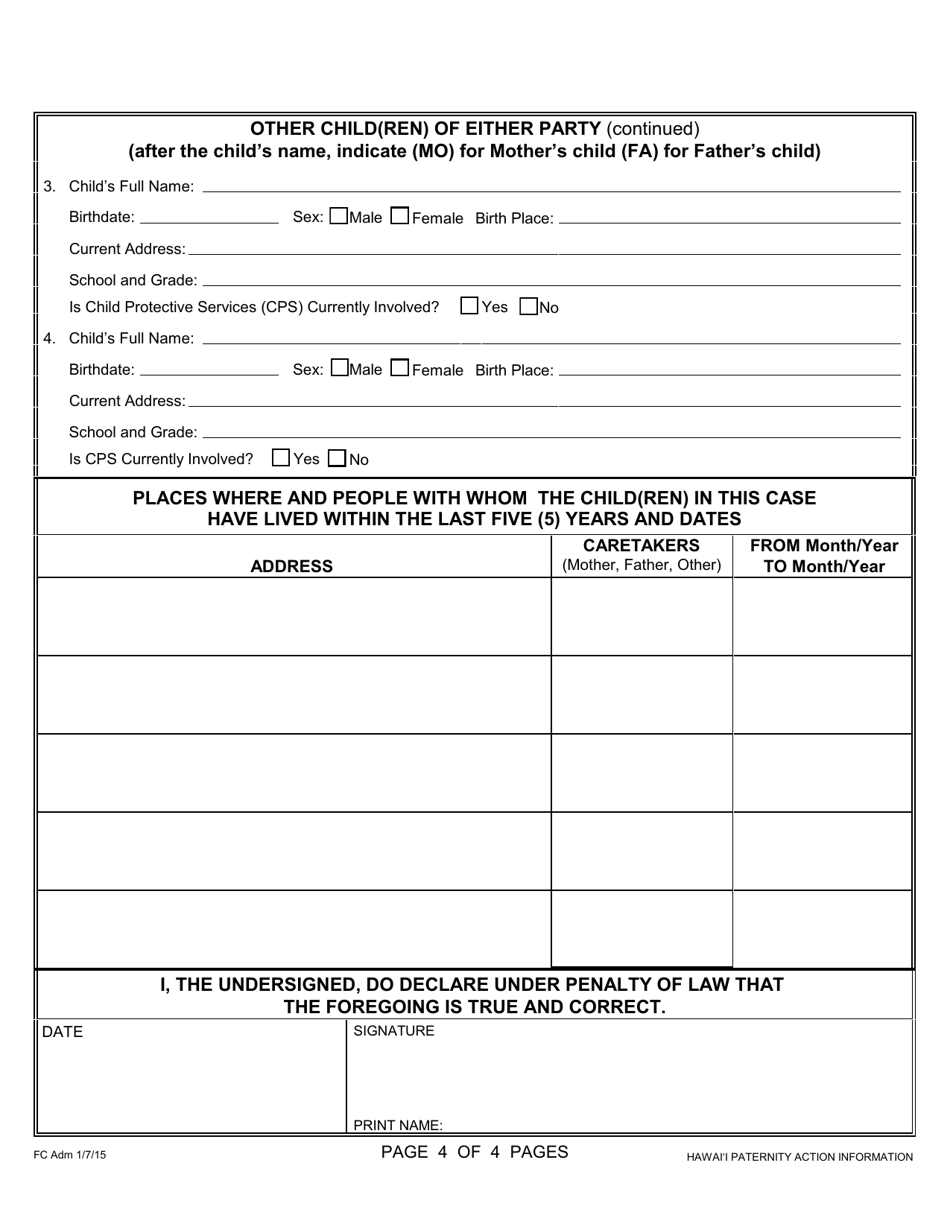 Form 1F-P-994 Hawaii Paternity Action Information - Hawaii, Page 4