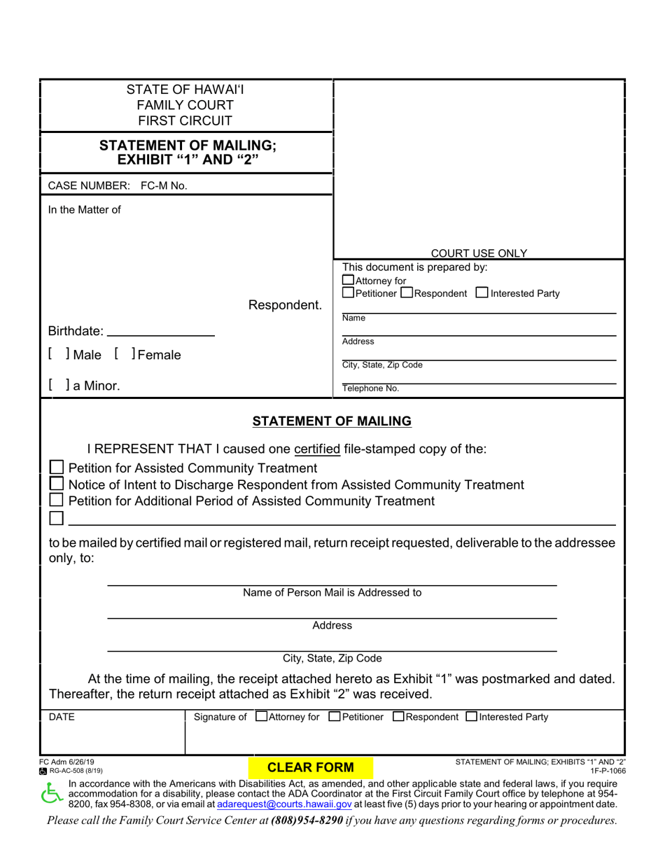 Form 1F-P-1066 Exhibit 1, 2 Statement of Mailing - Hawaii, Page 1