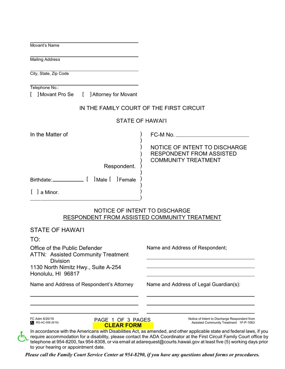 Form 1F-P-1063 Notice of Intent to Discharge Respondent From Assisted Community Treatment - Hawaii, Page 1