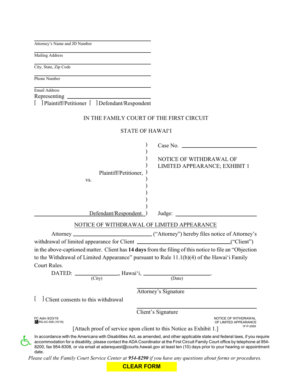 Form 1F-P-2069 Notice of Withdrawal of Limited Appearance - Hawaii, Page 1