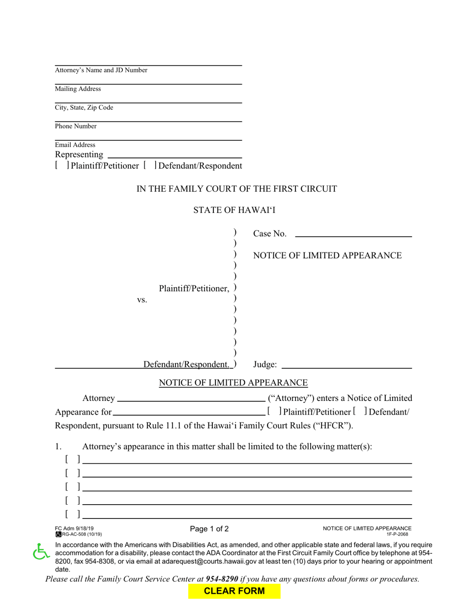 Form 1F-P-2068 Notice of Limited Appearance - Hawaii, Page 1