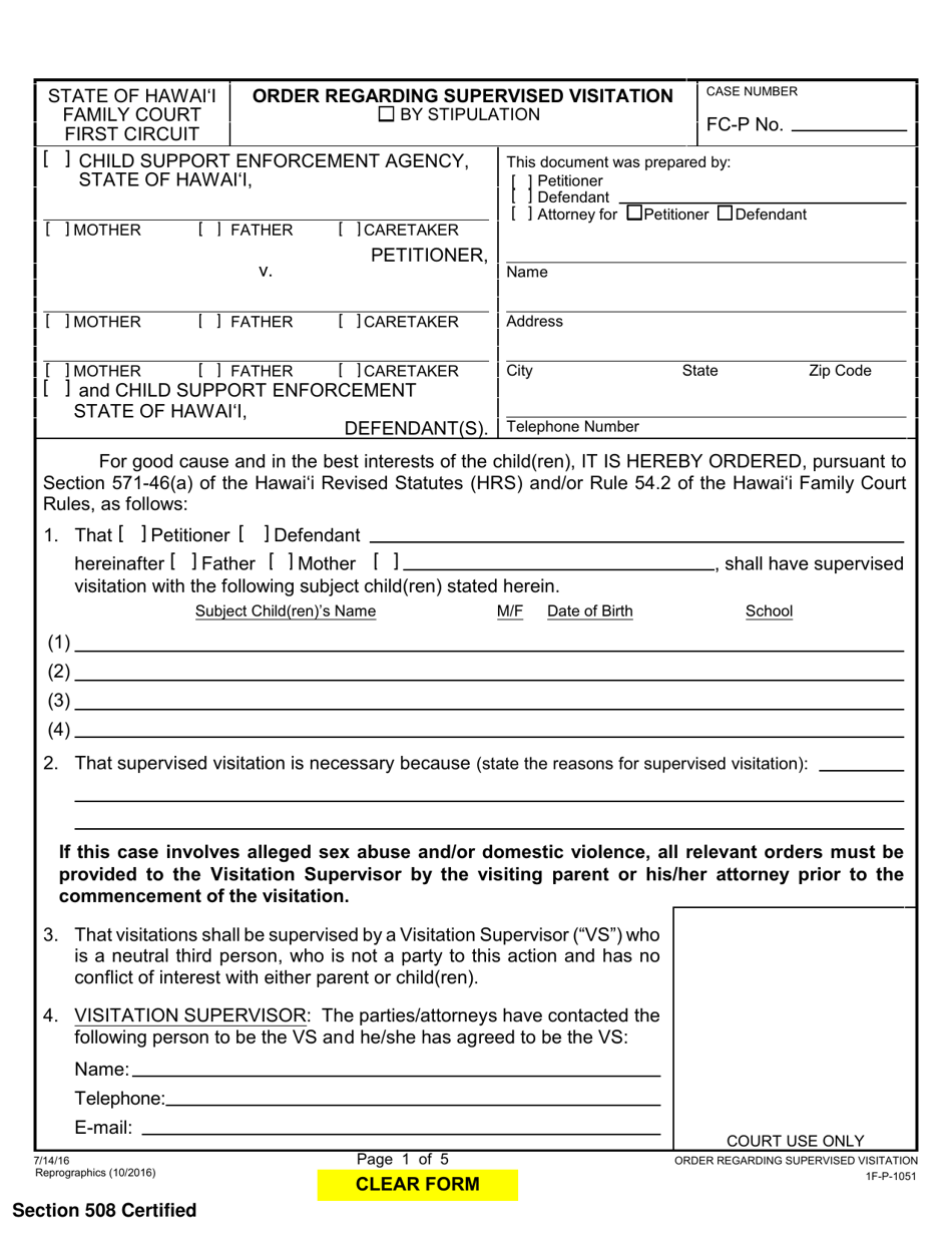 Form 1F-P-1051 Order Regarding Supervised Visitation - Hawaii, Page 1