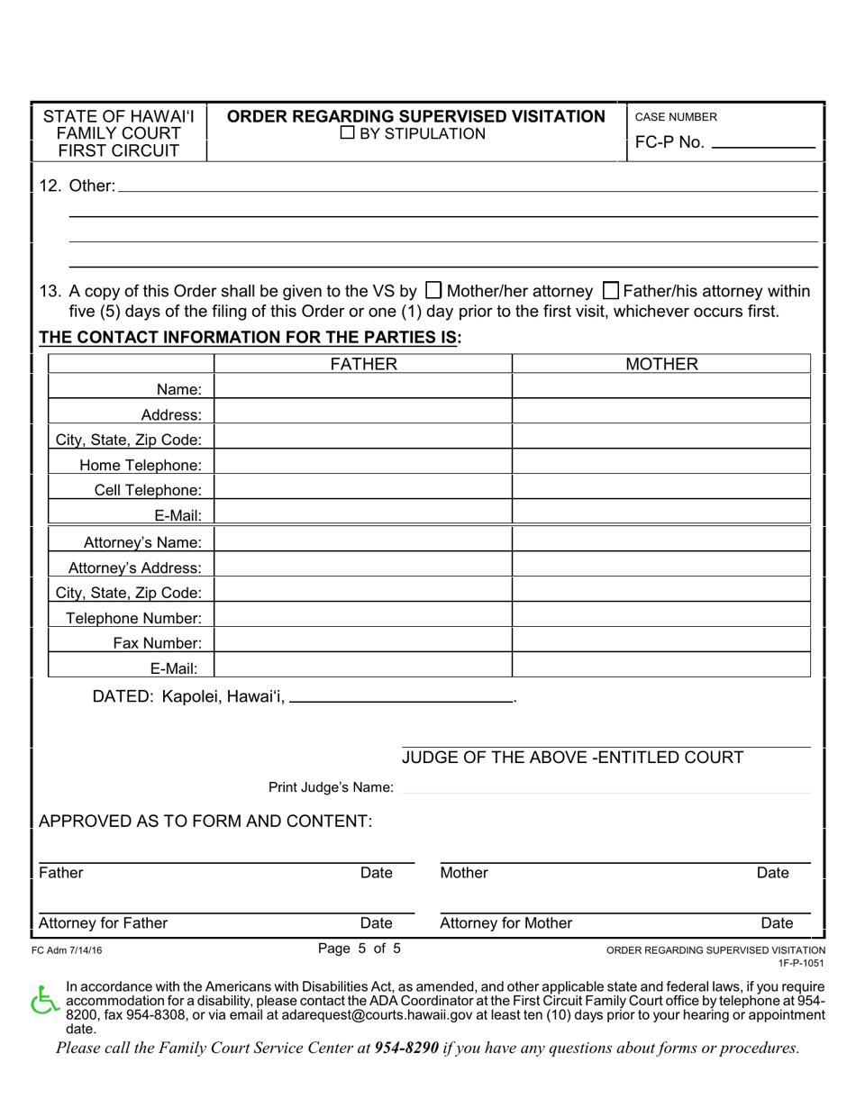 Form 1F-P-1051 Order Regarding Supervised Visitation - Hawaii, Page 5