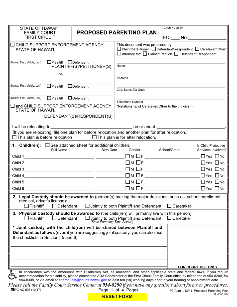 Form 1F-P-2005 Proposed Parenting Plan - Hawaii, Page 1