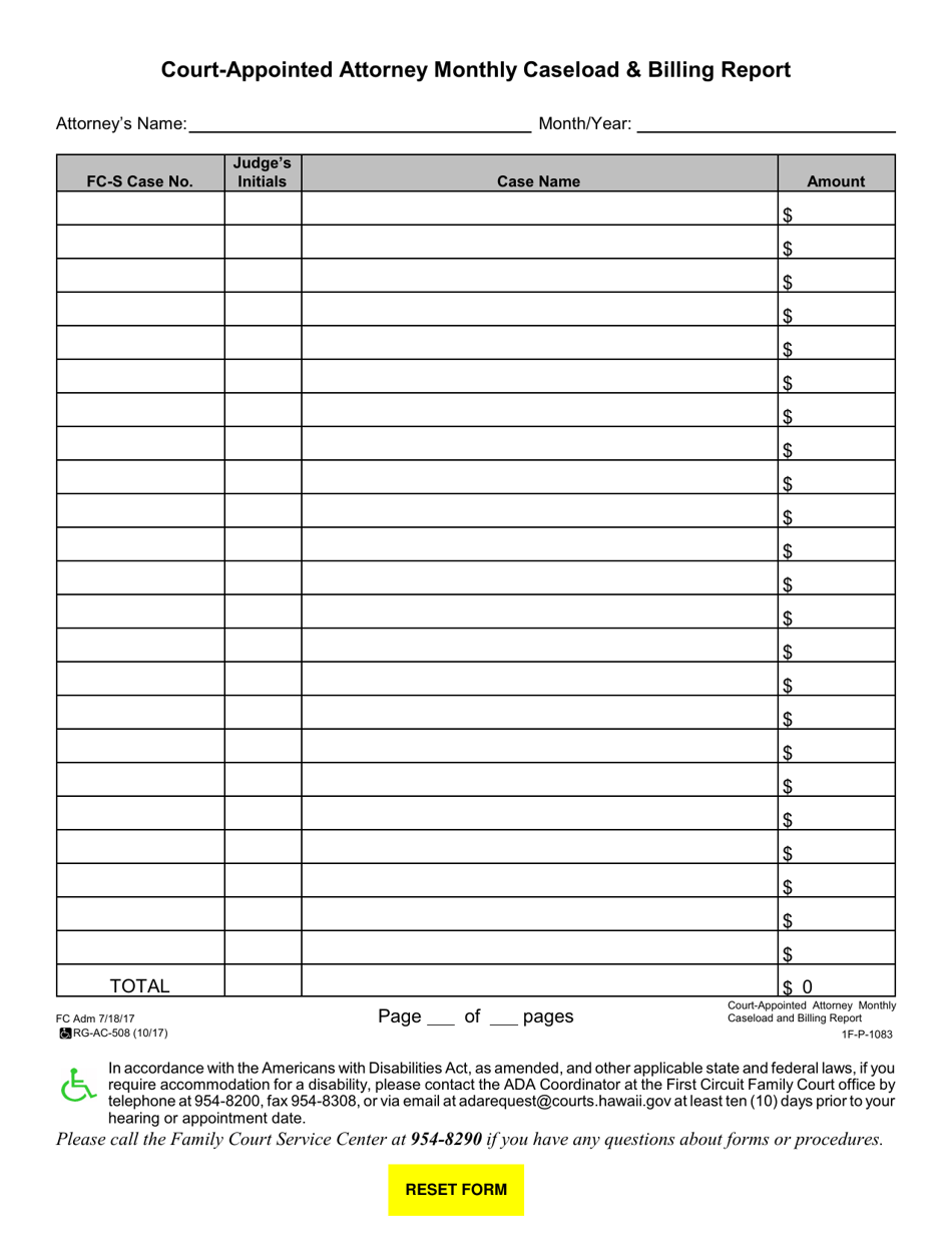 Form 1F-P-1083 Court-Appointed Attorney Monthly Caseload  Billing Report - Hawaii, Page 1