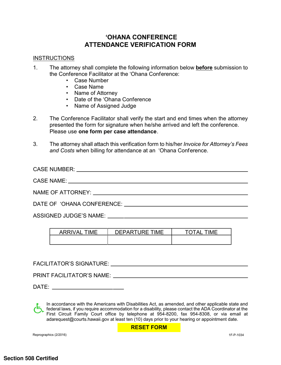Form 1F-P-1034 Ohana Conference Attendance Verification Form - Hawaii, Page 1