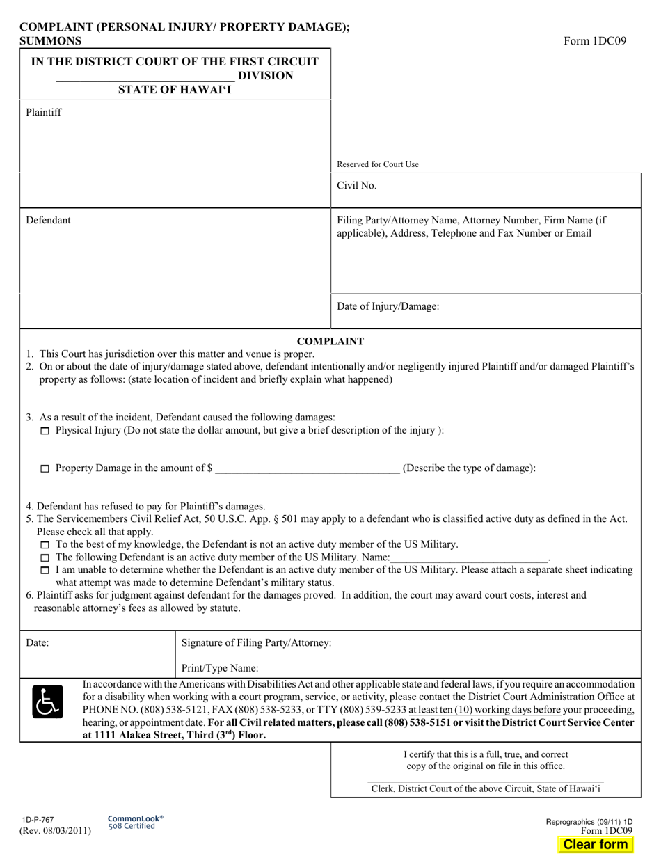 Form 1DC09 Complaint (Personal Injury / Property Damage); Summons - Hawaii, Page 1