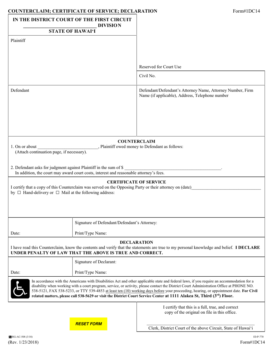 Form 1DC14 Counterclaim; Certificate of Service; Declaration - Hawaii, Page 1