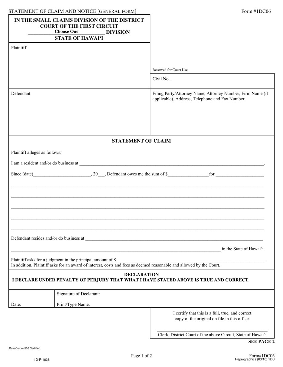 Form 1DC06 Statement of Claim and Notice - Hawaii, Page 1