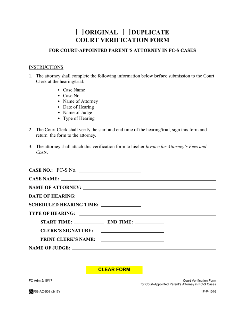 Form 1F-P-1016 Court Verification Form for Court-Appointed Parents Attorney in FC-S Cases - Hawaii, Page 1