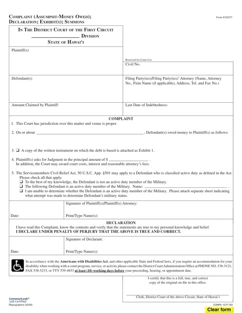 Form 1DC07 Complaint (Assumpsit-Money Owed); Declaration; Exhibit(S); Summons - Hawaii