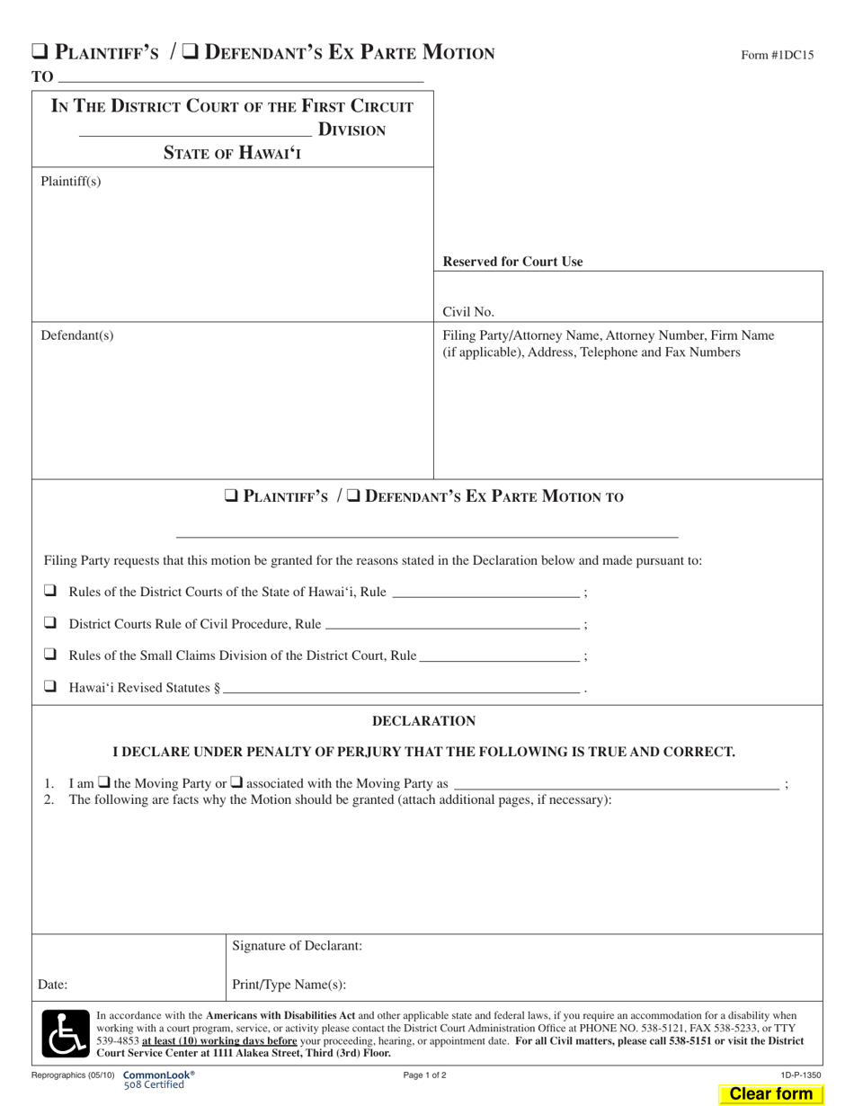 Form 1DC15 Plaintiffs / Defendants Ex Parte Motion - Hawaii, Page 1