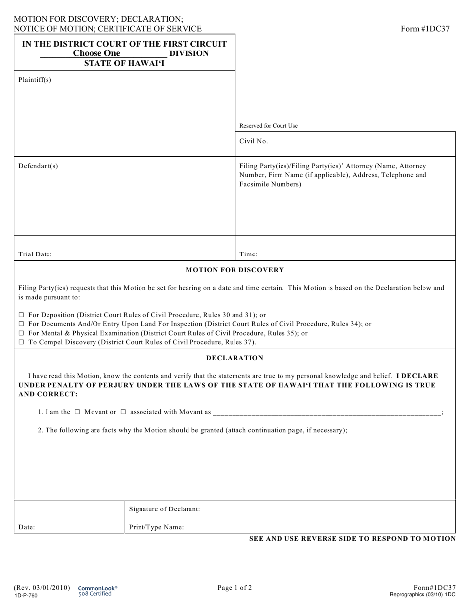 Form 1DC37 Motion for Discovery; Declaration; Notice of Motion; Certificate of Service - Hawaii, Page 1