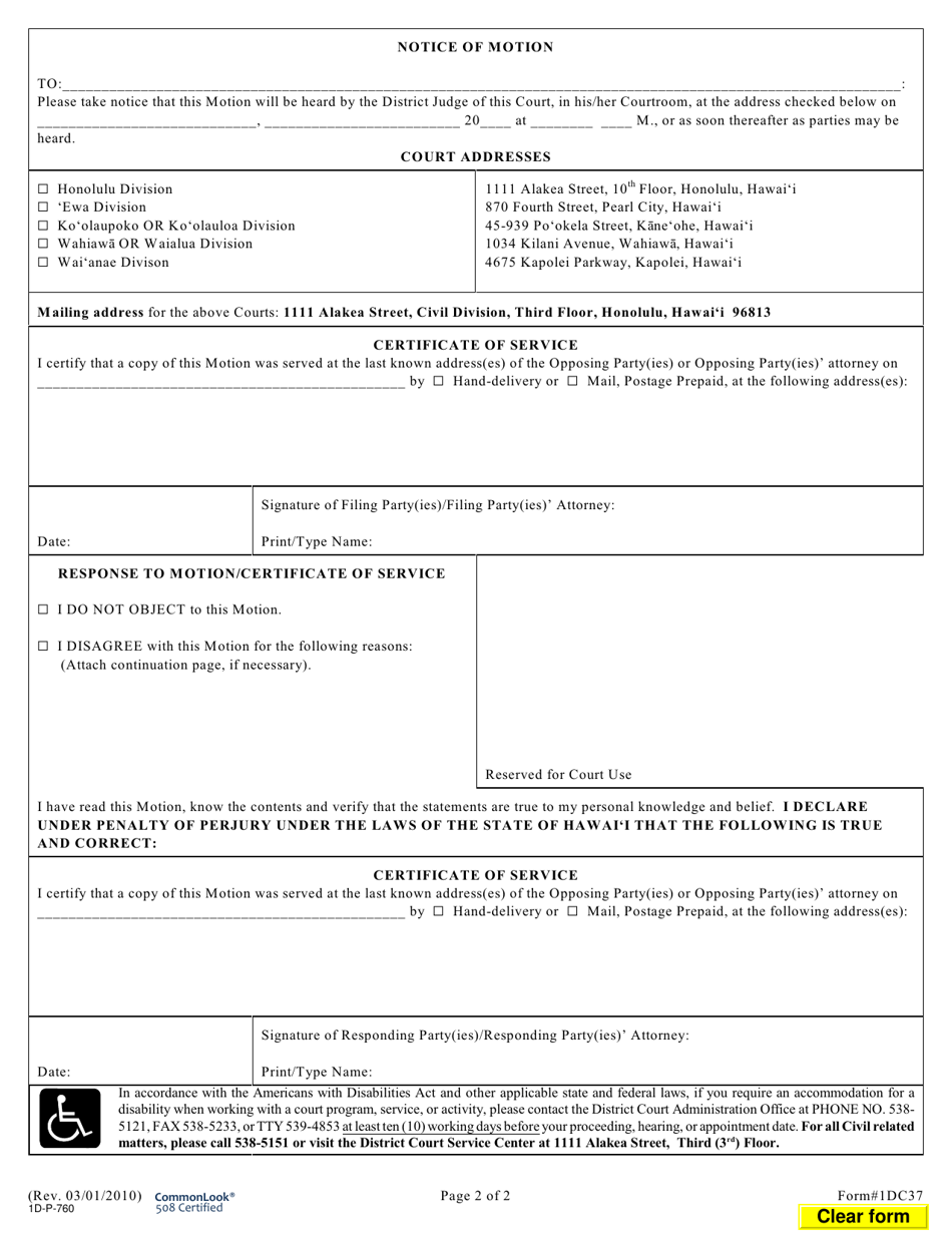 Form 1DC37 Motion for Discovery; Declaration; Notice of Motion; Certificate of Service - Hawaii, Page 2