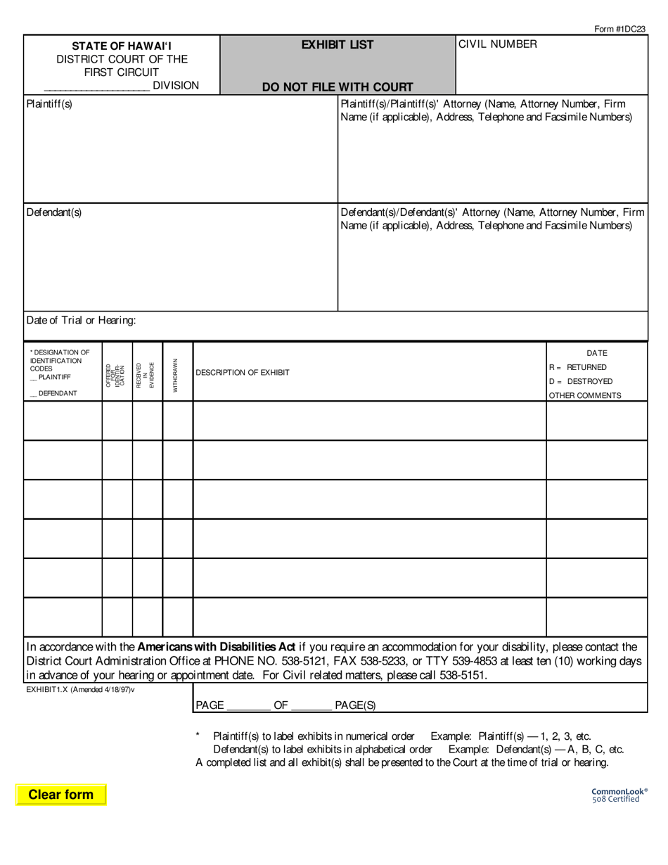 Form 1DC23 Download Fillable PDF or Fill Online Exhibit List Hawaii Templateroller