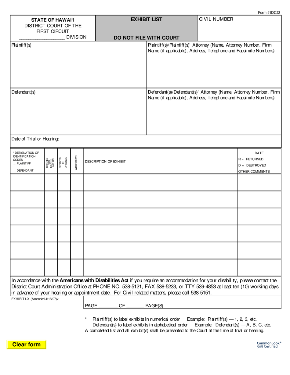 Form 1DC23 Exhibit List - Hawaii, Page 1