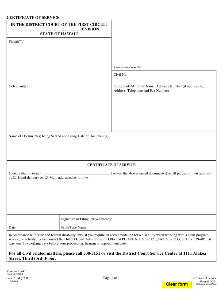 Form 1DC04 Certificate of Service - Hawaii, Page 1