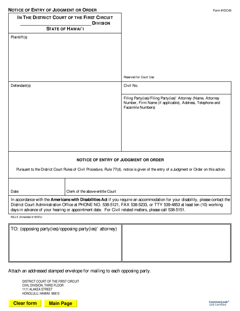 Form 1DC43 Notice of Entry of Judgment or Order - Hawaii, Page 1