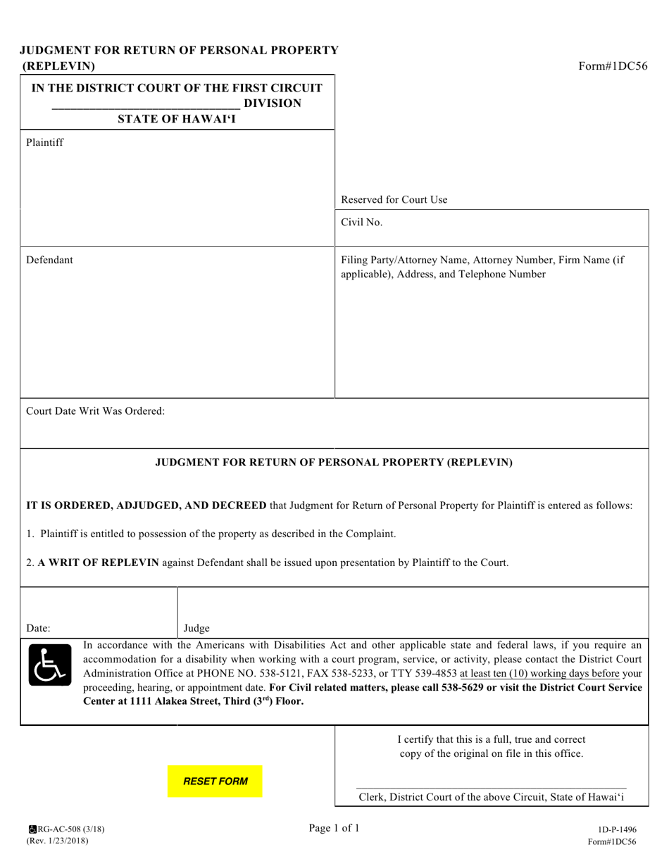 Form 1DC56 Judgment for Return of Personal Property (Replevin) - Hawaii, Page 1