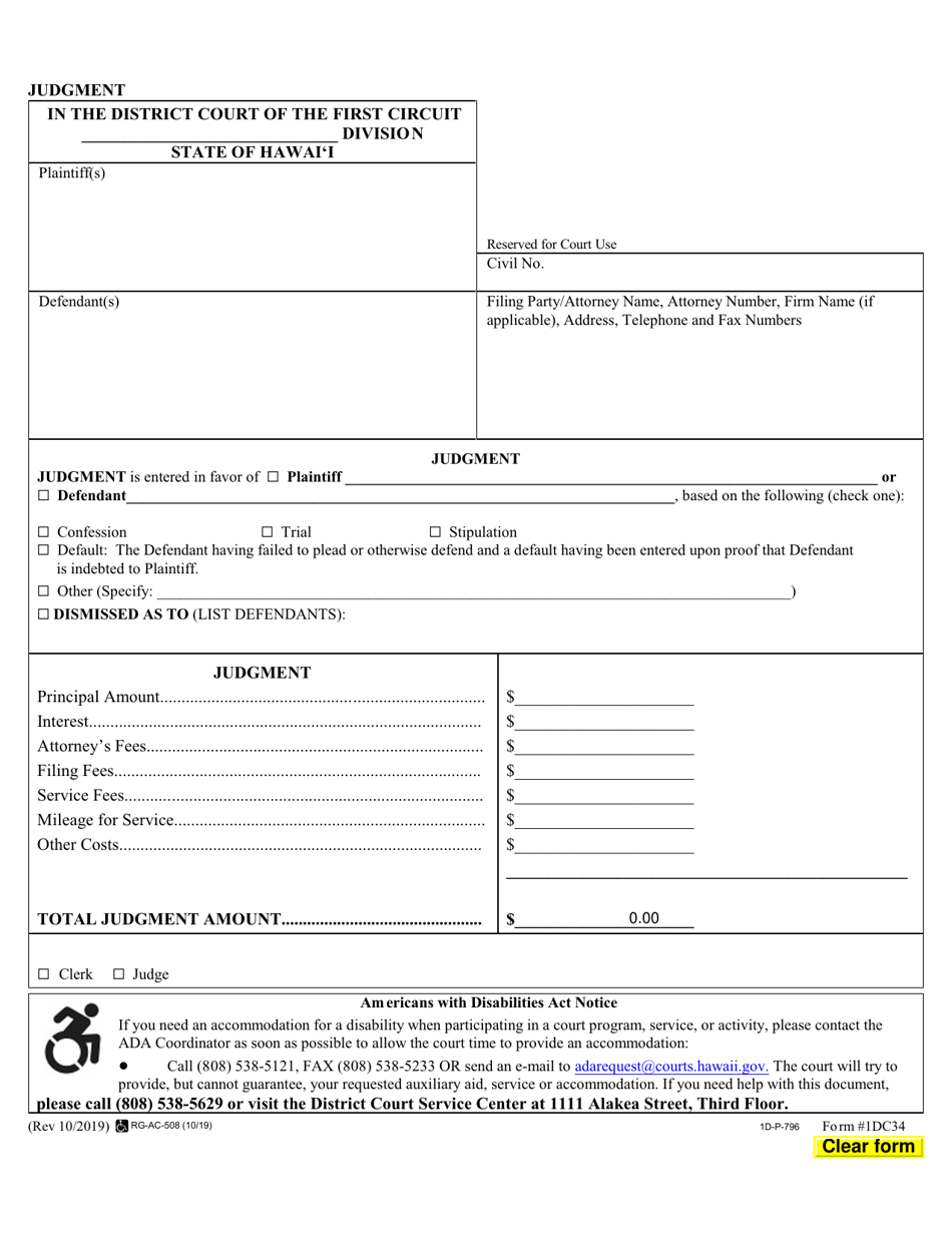 Form 1DC34 Judgment - Hawaii, Page 1