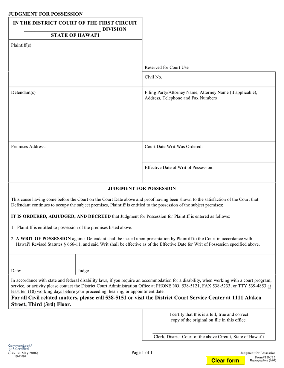 Form 1DC35 Judgment for Possession - Hawaii, Page 1
