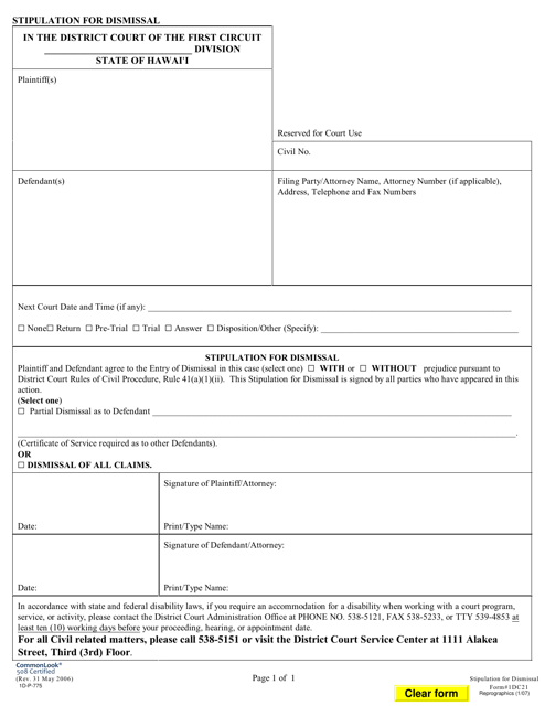 Form 1DC21 Stipulation for Dismissal - Hawaii