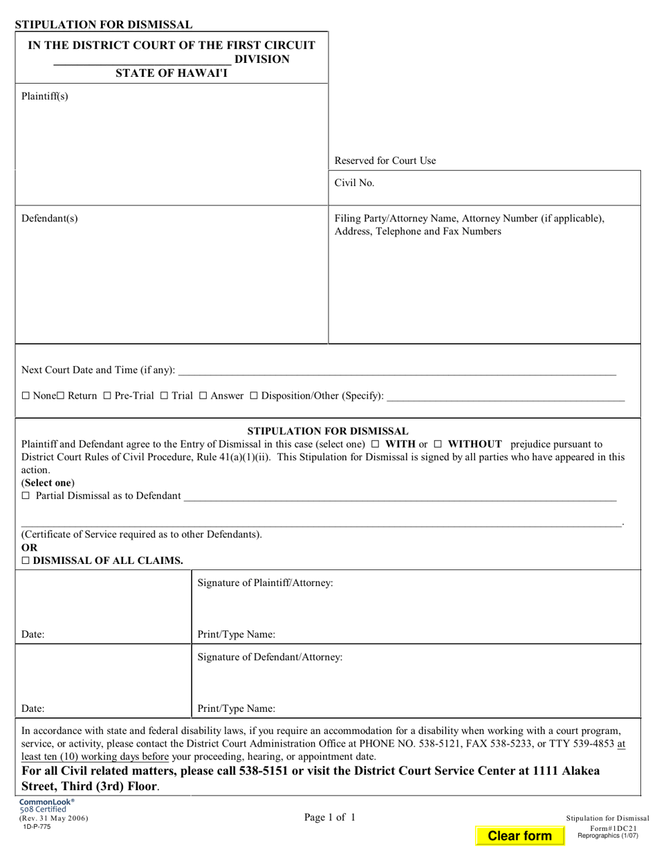 Form 1DC21 Stipulation for Dismissal - Hawaii, Page 1