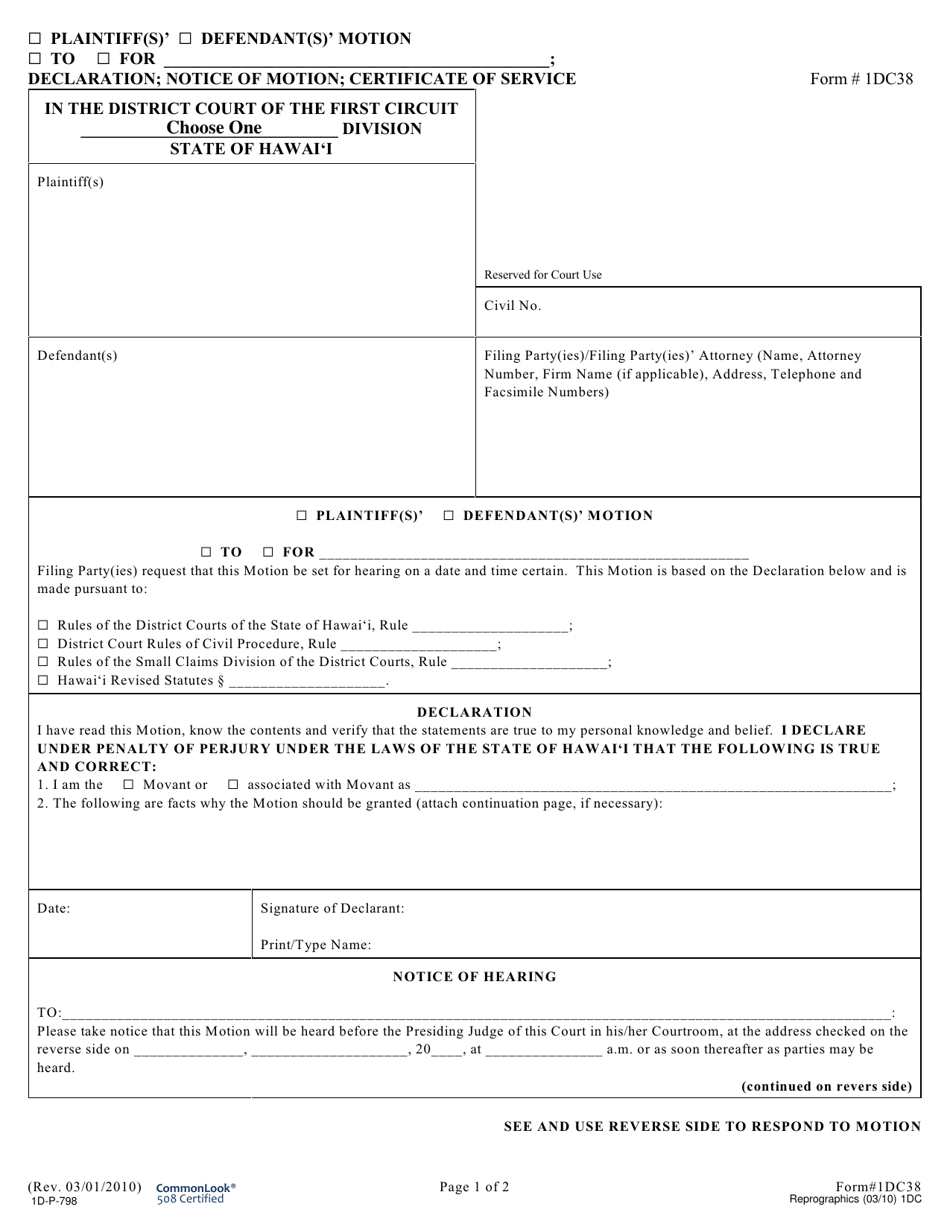 Form 1DC38 Plaintiff(S) / Defendant(S) Motion; Declaration; Notice of Motion; Certificate of Service - Hawaii, Page 1