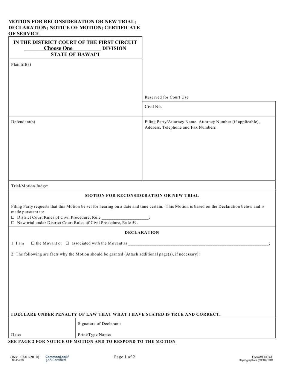 Form 1DC41 Motion for Reconsideration or New Trial; Declaration; Notice of Motion; Certificate of Service - Hawaii, Page 1