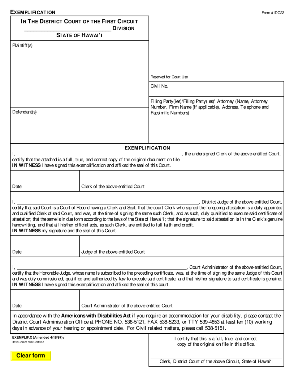 Form 1DC22 Exemplification - Hawaii, Page 1