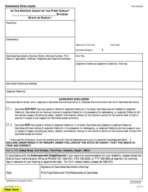 Form 1DC26 Garnishee Disclosure - Hawaii