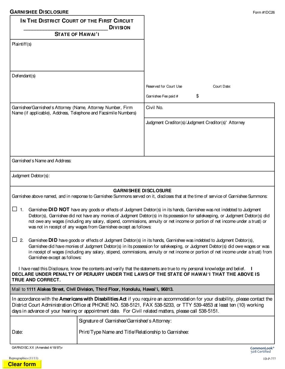 Form 1DC26 Garnishee Disclosure - Hawaii, Page 1