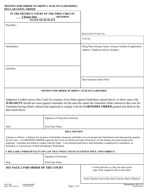 Form 1DC31 Motion for Order to Show Cause on Garnishee; Declaration and Order - Hawaii