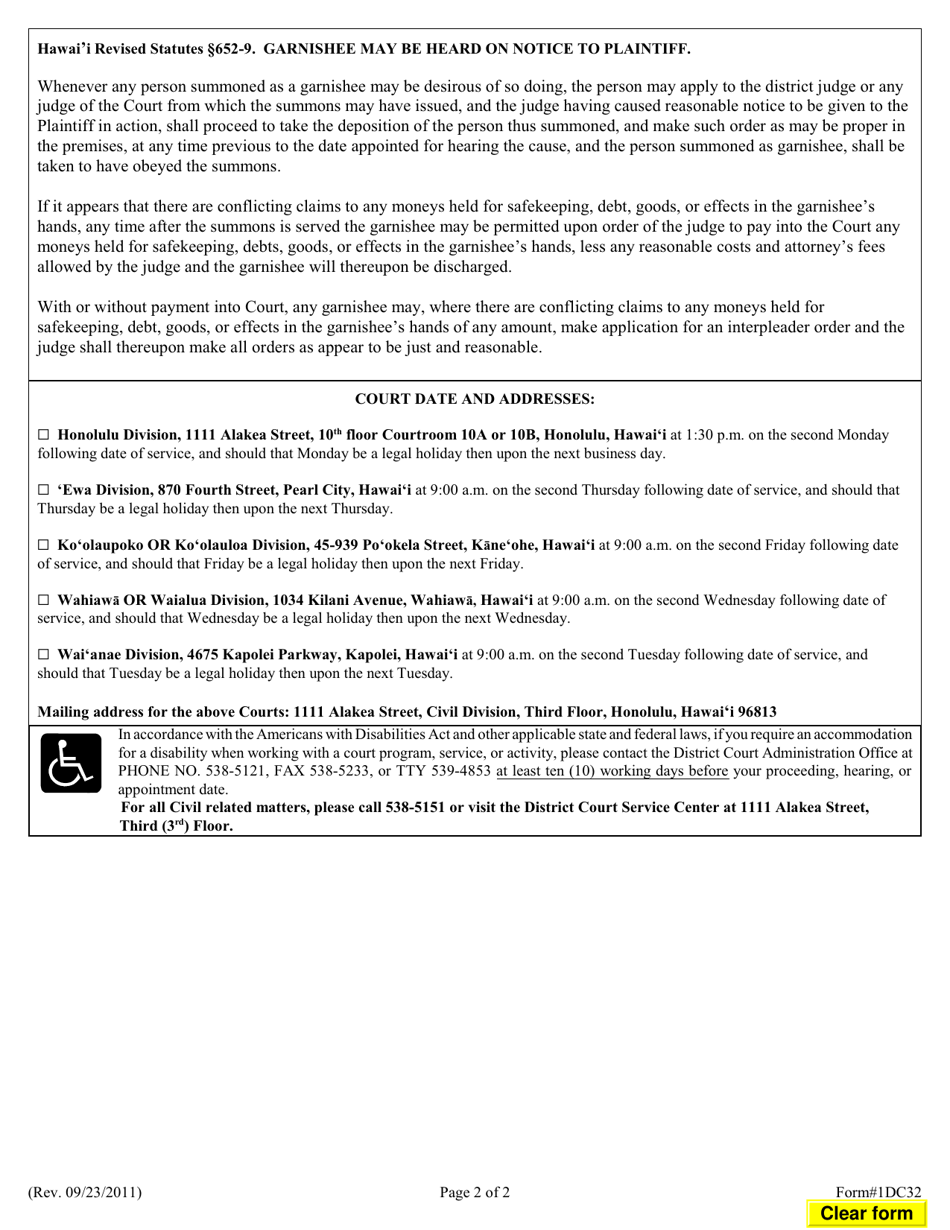 Form 1DC32 Garnishee Summons - Hawaii, Page 2