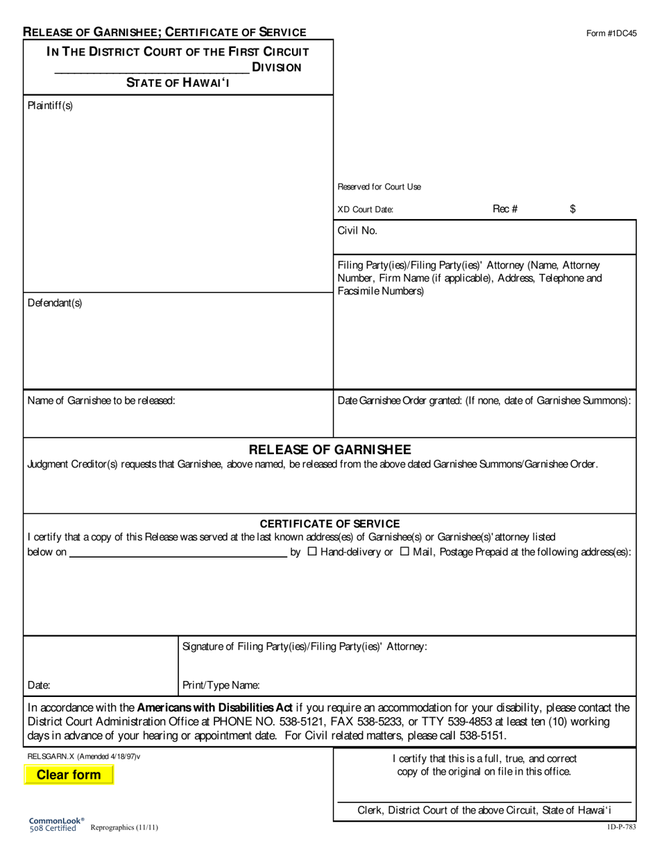 Form 1DC45 Release of Garnishee; Certificate of Service - Hawaii, Page 1