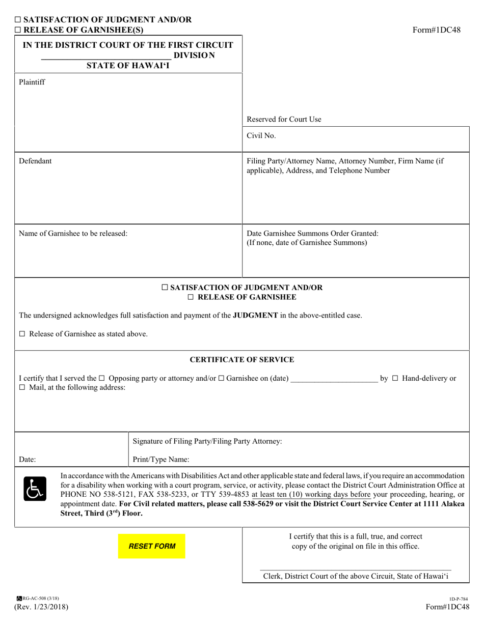 Form 1DC48 Satisfaction of Judgment and / or Release of Garnishee(S) - Hawaii, Page 1