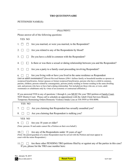 Form 1D-P-1467 Tro Questionnaire - Hawaii