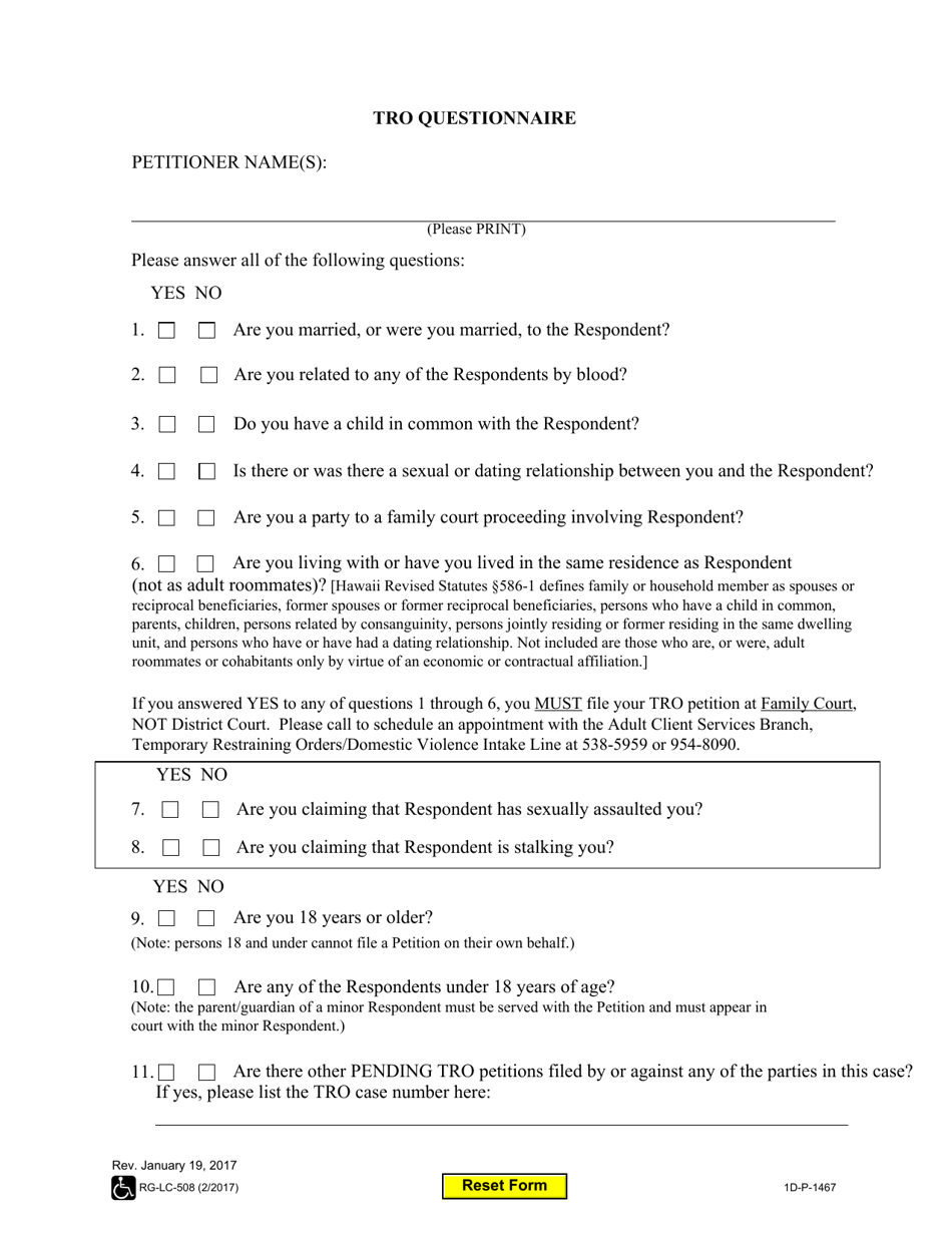 Form 1D-P-1467 Tro Questionnaire - Hawaii, Page 1