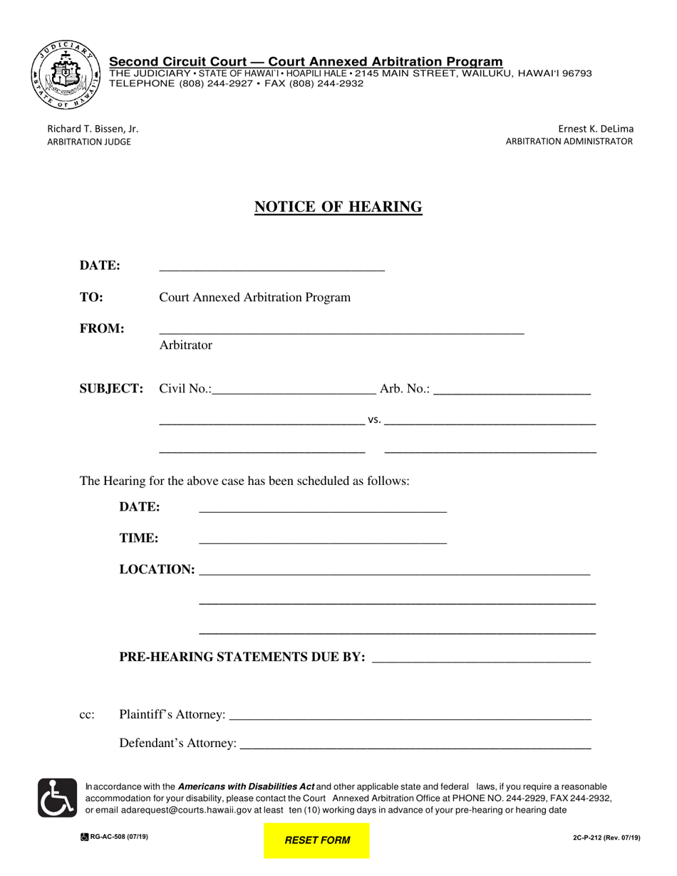 Form 2C-P-212 Notice of Hearing - Hawaii, Page 1