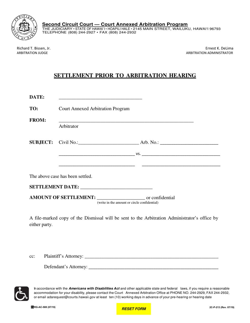 Form 2C-P-213 Settlement Prior to Arbitration Hearing - Hawaii, Page 1