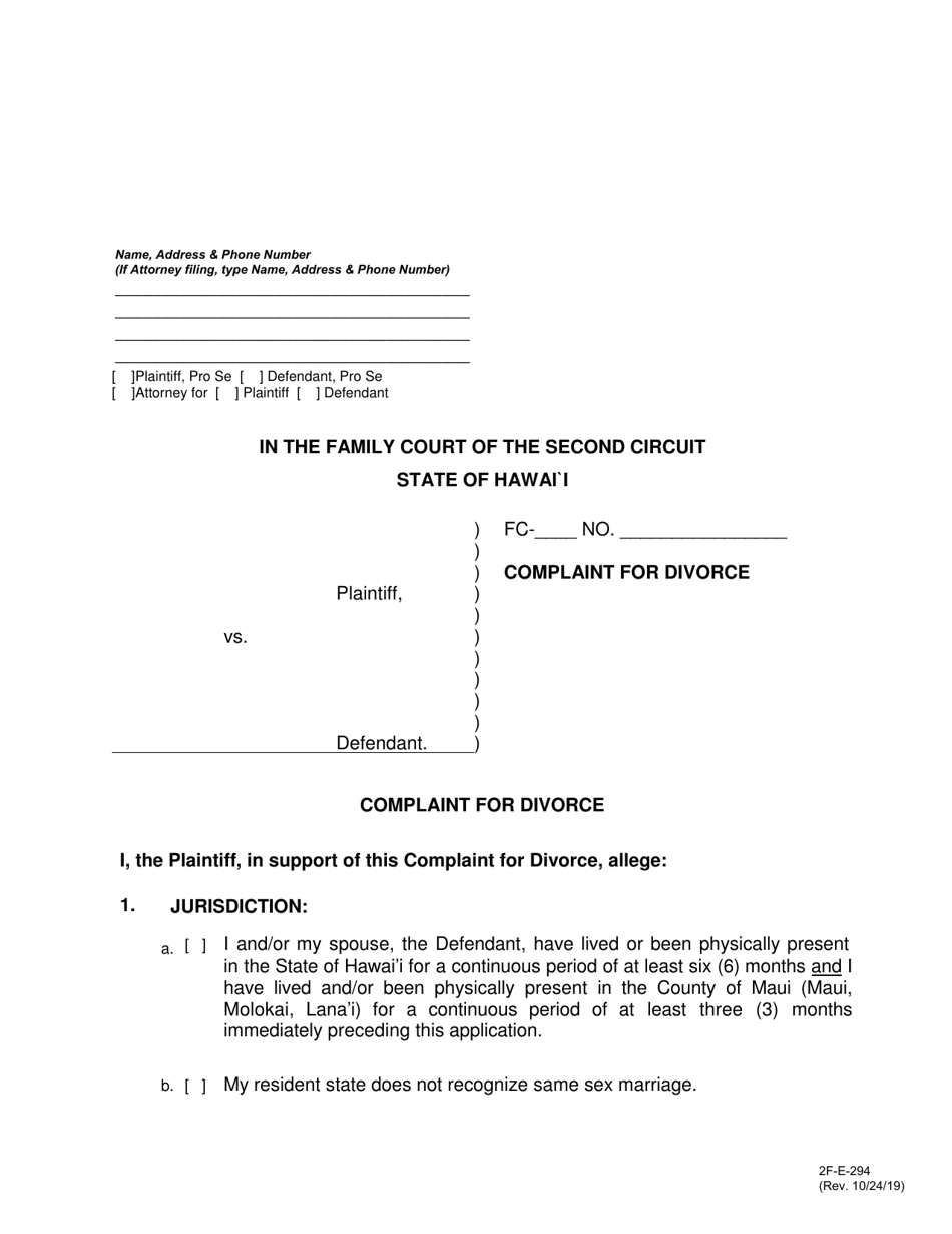 Form 2F-E-294 Complaint for Divorce - Hawaii, Page 1